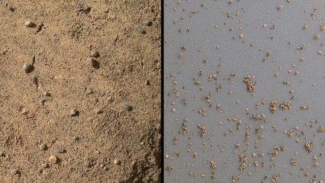 NASA Mars rover Curiosity acquired close-up views of sands in the Rocknest wind drift to document the nature of the material that the rover scooped, sieved and delivered to the CheMin and SAM instruments in October and November 2012.