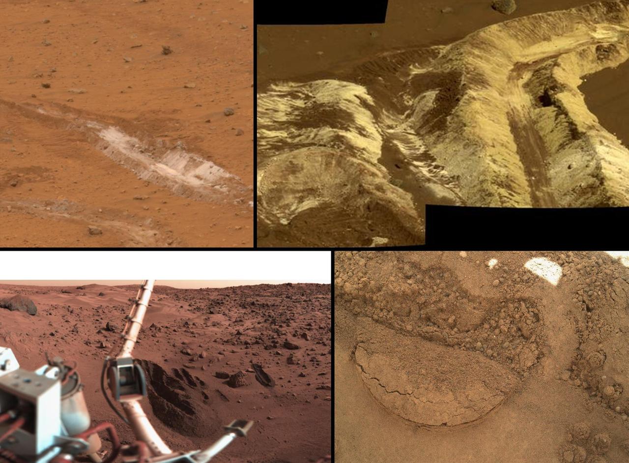 This collage shows the variety of soils found at landing sites on Mars. The elemental composition of the typical, reddish soils were investigated by NASA Viking, Pathfinder and Mars Exploration Rover missions, and now with the Curiosity rover.