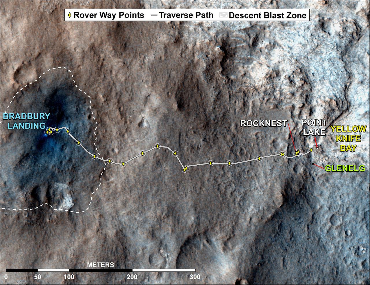 This map shows where NASA Mars rover Curiosity has driven since landing at a site subsequently named Bradbury Landing, and traveling to an overlook position near beside Point Lake, in drives totaling 1,703 feet 519 meters.