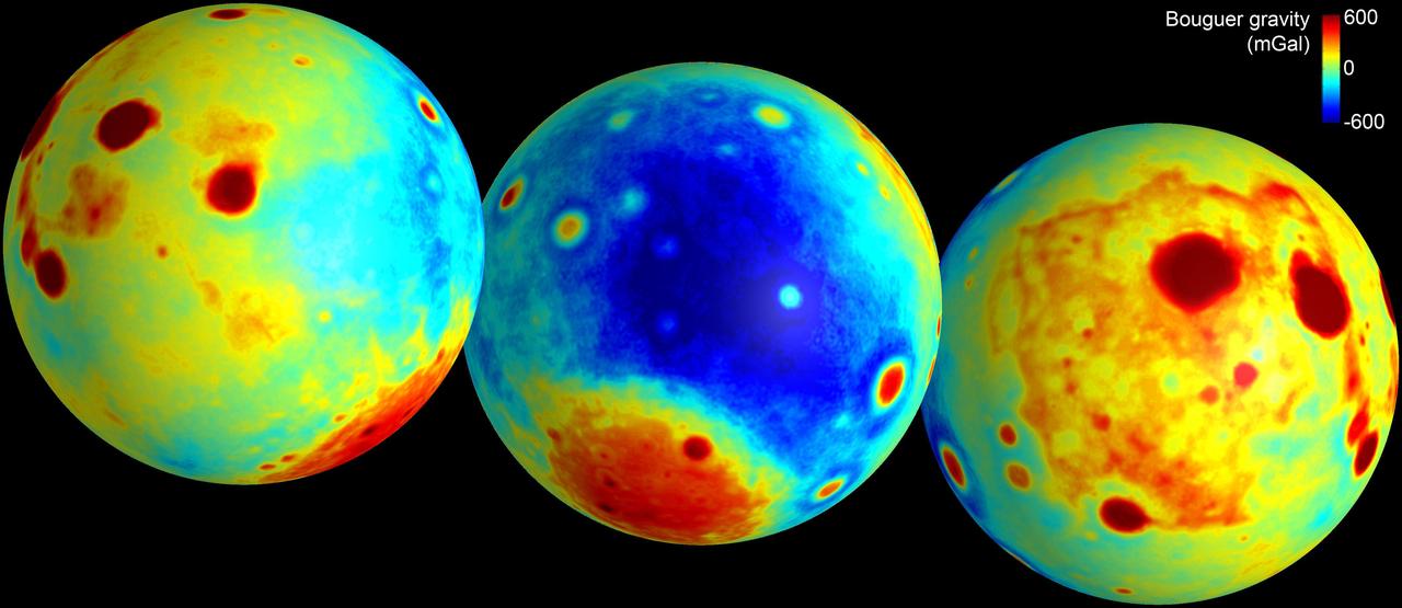 These maps of the moon show the Bouguer gravity anomalies as measured by NASA GRAIL mission. Red areas have stronger gravity, while blue areas have weaker gravity.