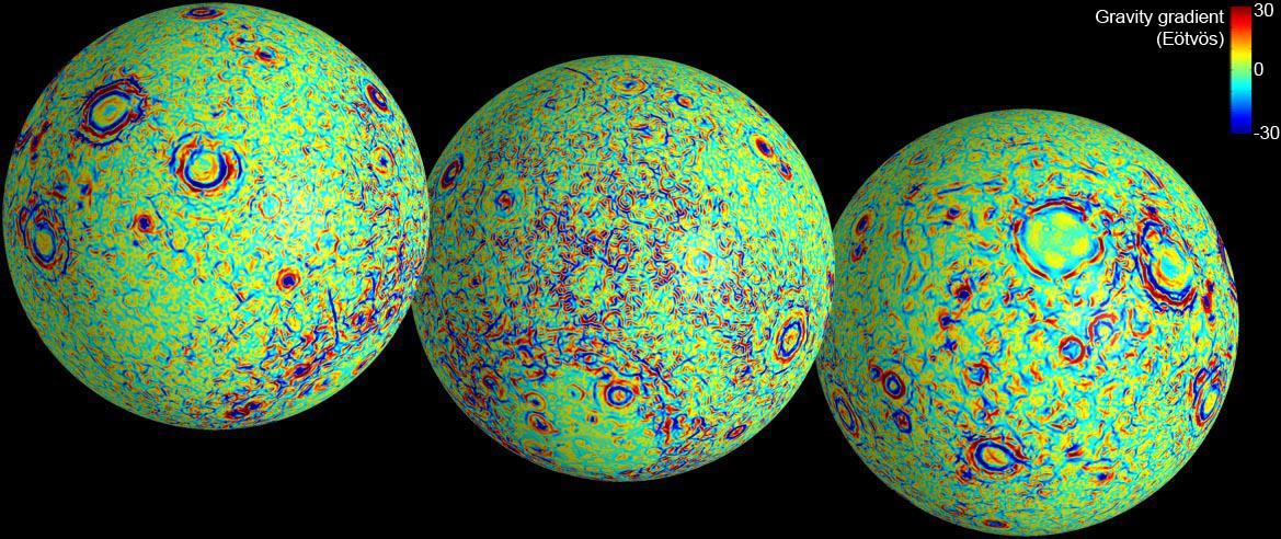 These maps of the near and far side of the moon show gravity gradients as measured by NASA GRAIL mission. Red and blue areas indicate stronger gradients due to underlying mass anomalies.
