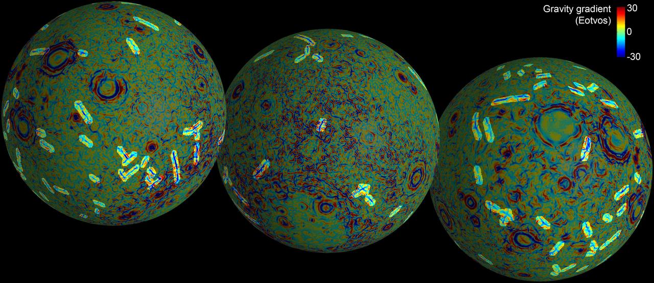 These maps of the near and far side of the moon show the gravity gradients as measured by NASA GRAIL mission, highlighting a population of linear gravity anomalies.