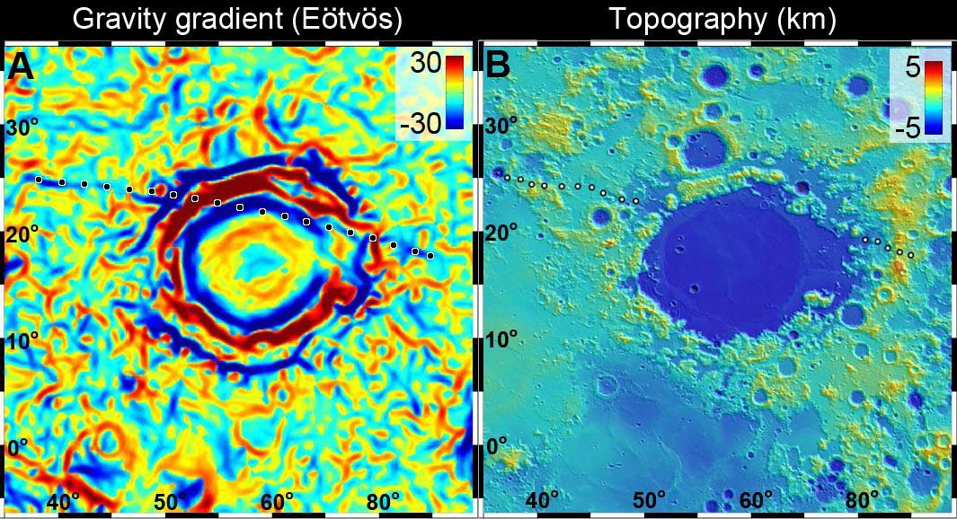 A linear gravity anomaly intersecting the Crisium basin on the nearside of the moon has been revealed by NASA GRAIL mission. The GRAIL gravity gradient data are shown at left, with the location of the anomaly indicated.