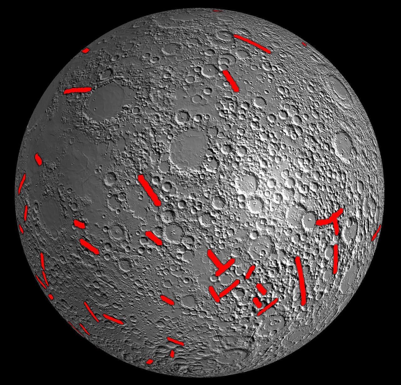 This map of one side of the moon shows the location of some of the giant dikes identified by NASA GRAIL mission.
