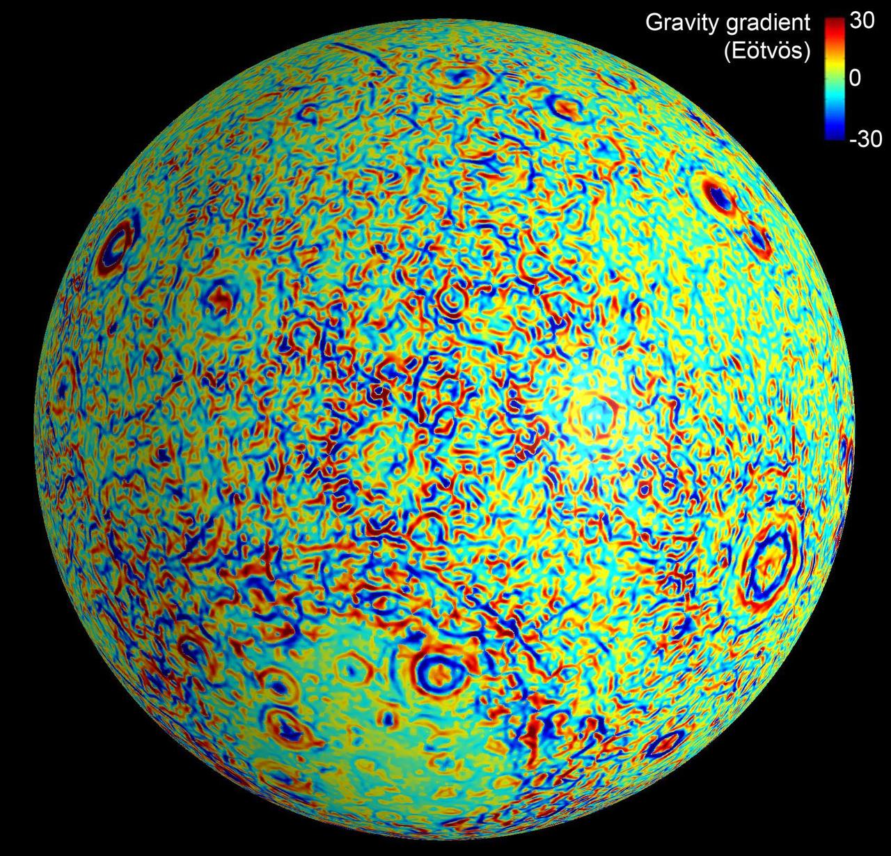 This moon map shows the gravity gradients calculated by NASA GRAIL mission. Red and blue correspond to stronger gravity gradients.