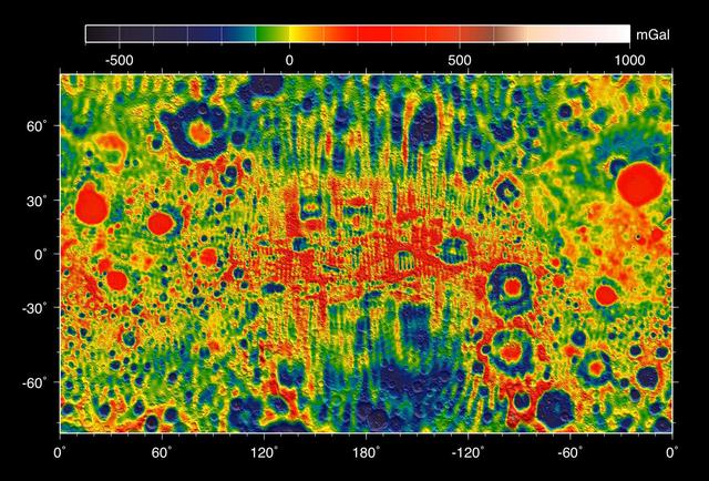 This map shows the gravity field of the moon from the Lunar Prospector mission. The viewing perspective, known as a Mercator projection, shows the far side of the moon in the center and the nearside as viewed from Earth at either side.