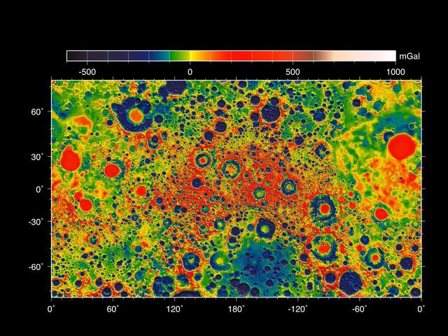 This map shows the gravity field of the moon as measured by NASA GRAIL mission. The viewing perspective, known as a Mercator projection, shows the far side of the moon in the center and the nearside as viewed from Earth at either side.