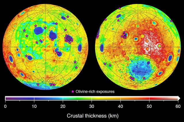 This graphic depicting the bulk density of the lunar highlands on the near and far sides of the moon was generated using gravity data from NASA GRAIL mission and topography data from NASA Lunar Reconnaissance Orbiter.