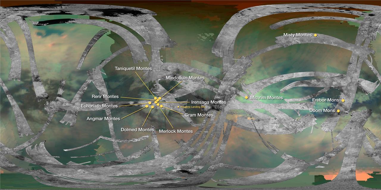 This map of Saturn moon Titan identifies the locations of mountains named by the International Astronomical Union. By convention, mountains on Titan are named for mountains from Middle-earth, the fictional setting in fantasy novels by J.R.R. Tolkien.