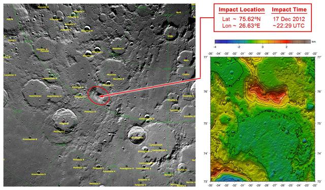 These maps of Earth moon highlight the region where the twin spacecraft of NASA Gravity Recovery and Interior Laboratory GRAIL mission will impact on Dec. 17, marking the end of its successful endeavor to map the moon gravity.