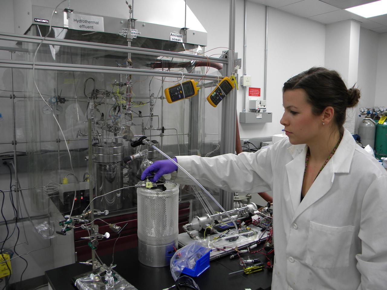 A team of scientists at NASA Jet Propulsion Laboratory is testing whether organic molecules can be brewed in a simulated ocean vent. Pictured here is Lauren White, a member of the NASA Astrobiology Icy Worlds team.