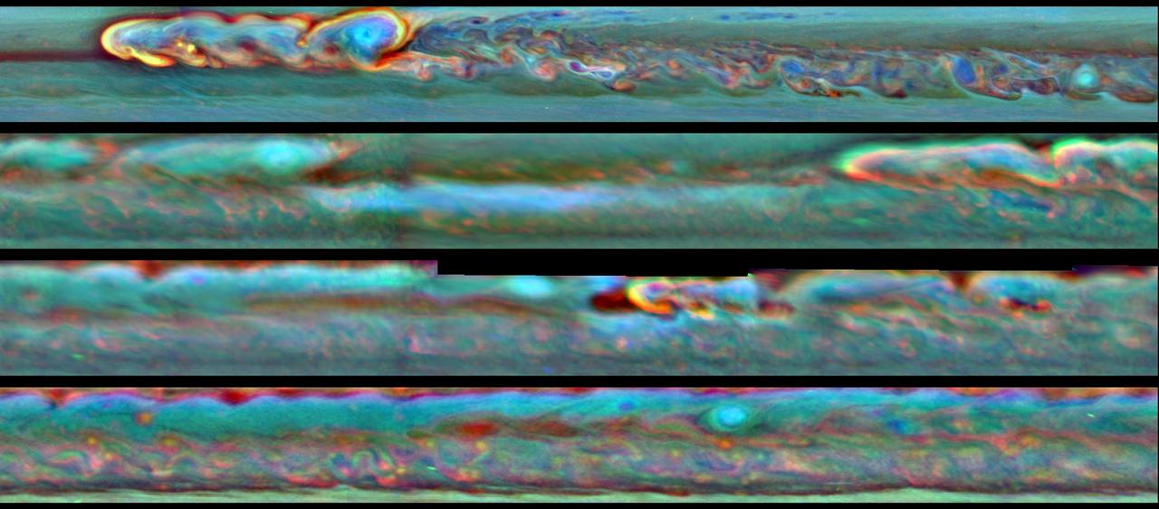 This set of images from NASA Cassini mission shows the evolution of a massive thunder-and-lightning storm that circled all the way around Saturn and fizzled when it ran into its own tail.