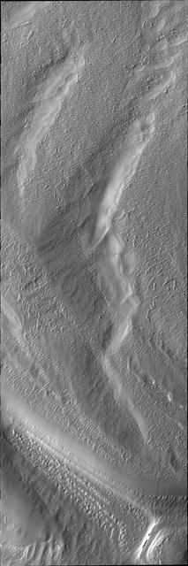 This image from NASA 2001 Mars Odyssey spacecraft shows a region of the south pole where the surface has developed linear markings, a pattern not unlike a thumbprint.