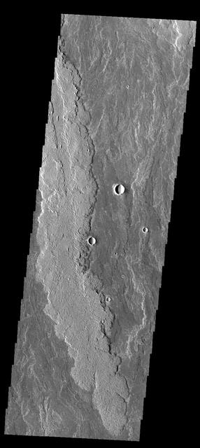 The lava flows in image from NASA 2001 Mars Odyssey spacecraft are part of the vast flow field originating from Arsia Mons.