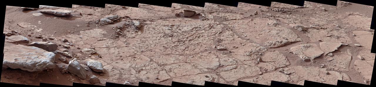 This wide view of the John Klein location selected for the first rock drilling by NASA Mars rover Curiosity is a mosaic taken by Curiosity right Mast Camera Mastcam.