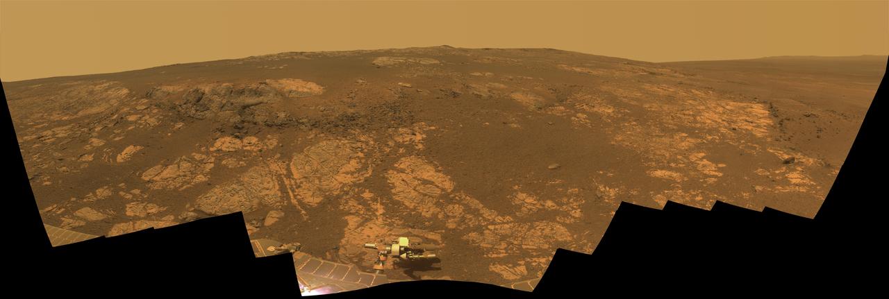 NASA rover Opportunity takes a look at Matijevic Hill, an area within the Cape York segment of Endeavour rim where clay minerals have been detected from orbit.