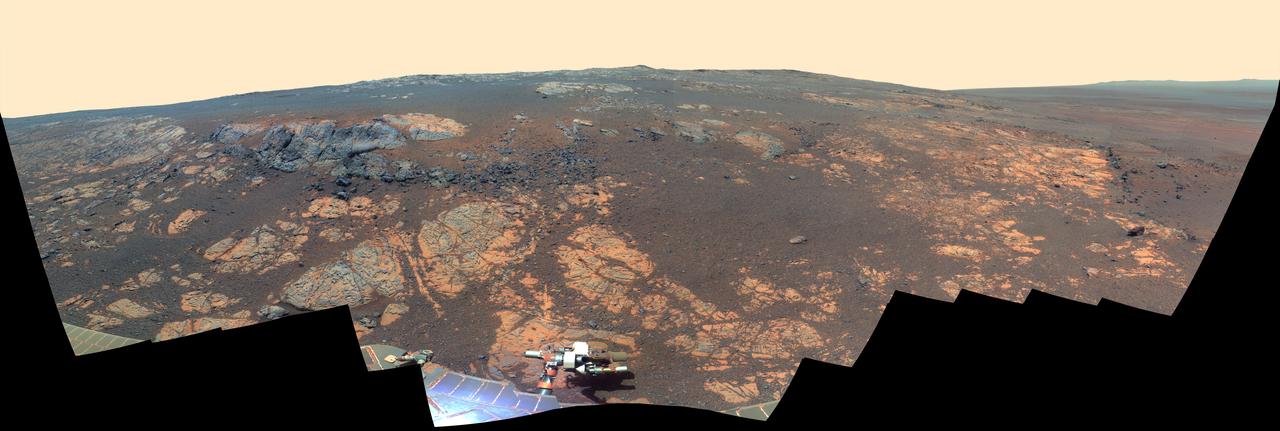 This false color image from NASA rover Opportunity takes a look at Matijevic Hill, an area within the Cape York segment of Endeavour rim where clay minerals have been detected from orbit.