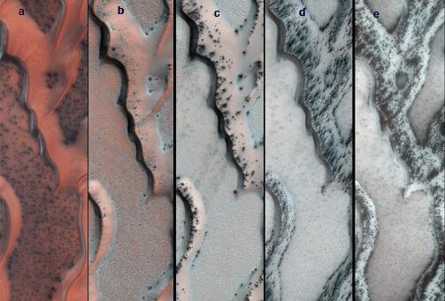 The HiRISE camera on NASA Mars Reconnaissance Orbiter snapped this series of pictures of sand dunes in the north polar region of Mars. Each panel shows ice cracks releasing dark sand as spring progresses.
