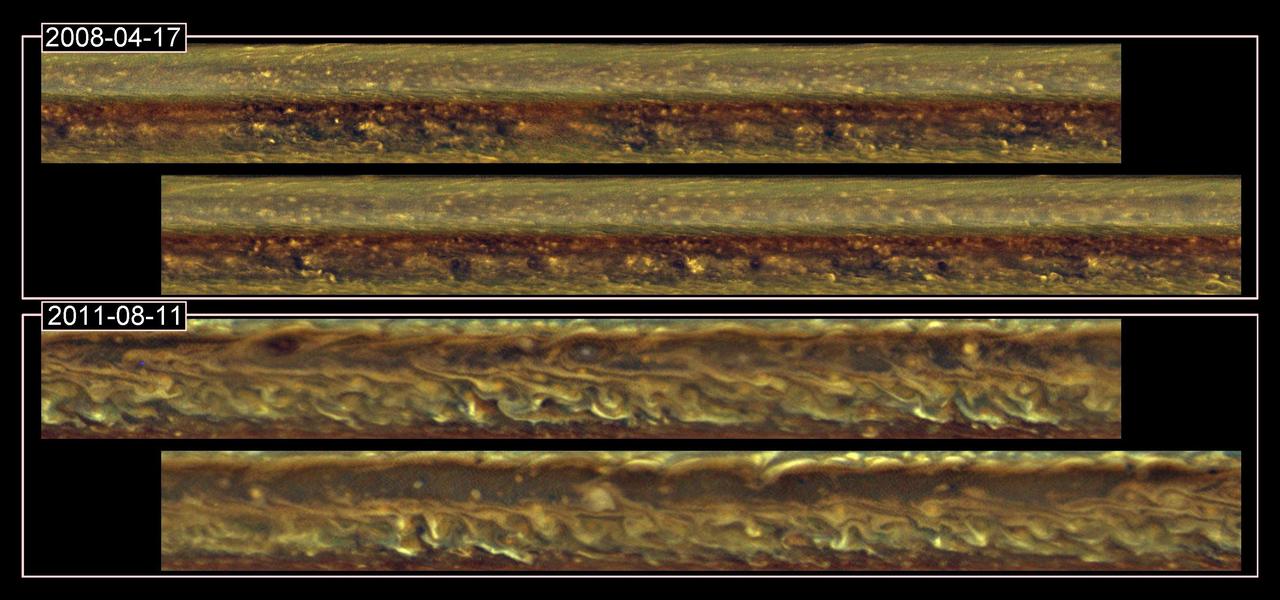 This set of images from NASA Cassini spacecraft shows cloud patterns in a band around Saturn before a monstrous thunder-and-lightning storm erupted and again after the head of the storm had disappeared.