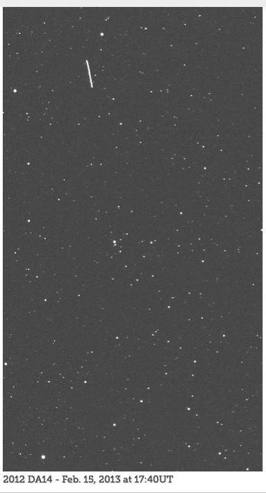 An animated set of images, from the telescope known as the iTelescope.net Siding Spring Observatory, shows asteroid 2012 DA14 as the streak moving from top to bottom in the field of view. The animation is available in the Planetary Photojournal.