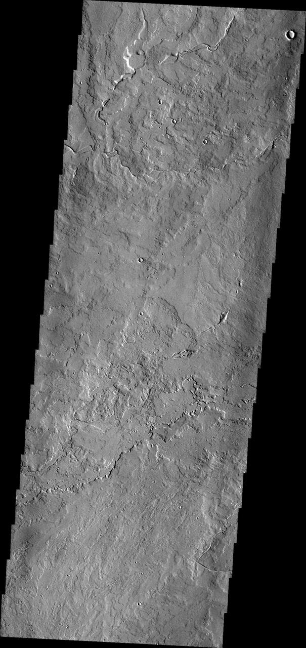The lava flows in this image captured by NASA 2001 Mars Odyssey spacecraft originated at Pavonis Mons.