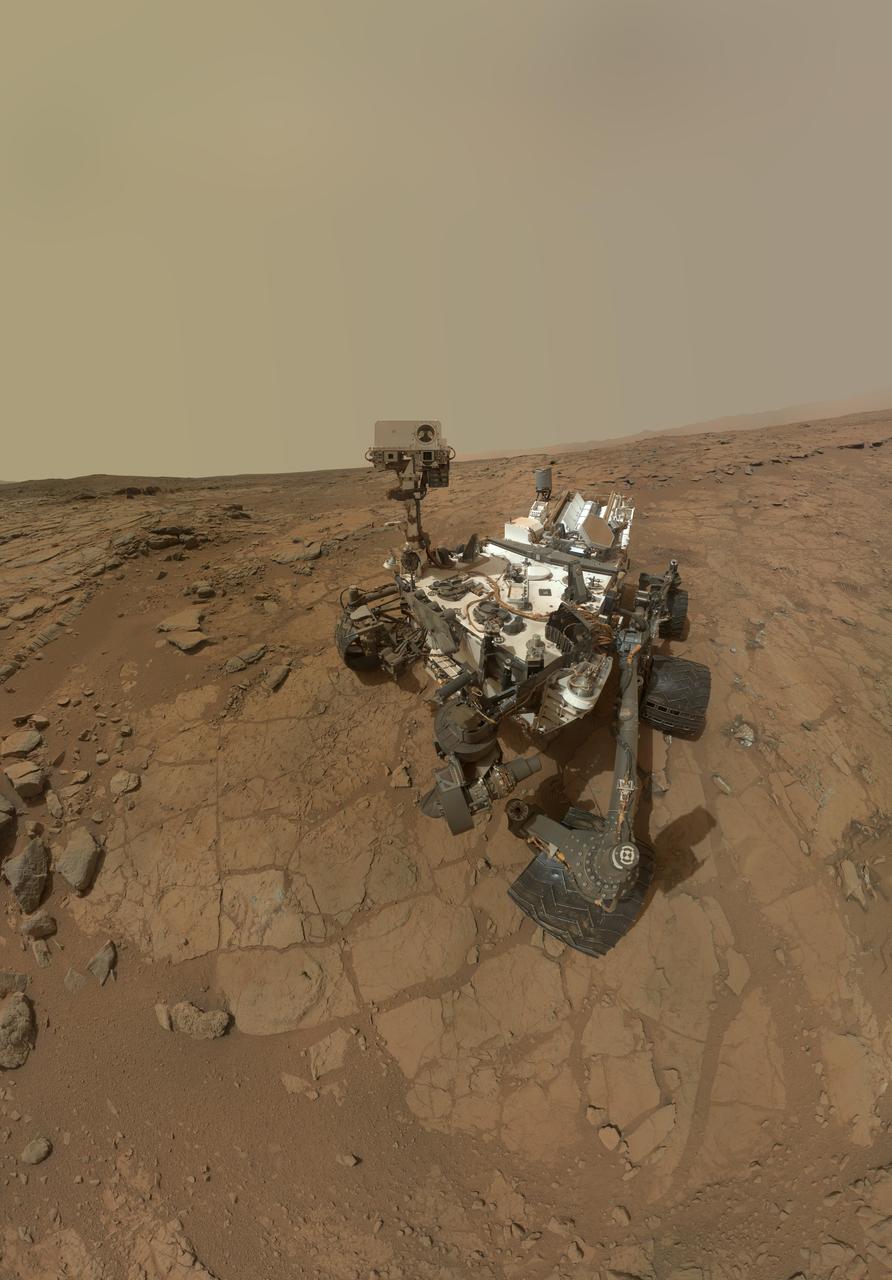 This rectangular version of a self-portrait of NASA Mars rover Curiosity combines dozens of exposures taken by the rover Mars Hand Lens Imager MAHLI during the 177th Martian day, or sol, of Curiosity work on Mars Feb. 3, 2013.