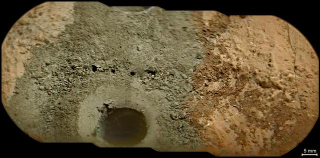 A day after NASA Mars rover Curiosity drilled the first sample-collection hole into a rock on Mars, the rover Chemistry and Camera ChemCam instrument shot laser pulses into the fresh rock powder that the drilling generated.