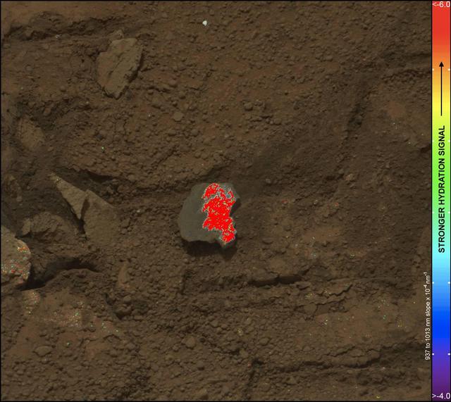 On this image of the broken rock called Tintina, color coding maps the amount of mineral hydration indicated by a ratio of near-infrared reflectance intensities measured by the Mastcam on NASA Mars rover Curiosity.