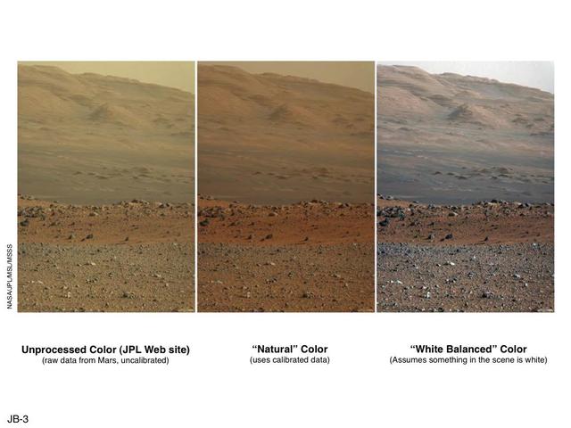 These three versions of the same image taken by the Mast Camera Mastcam on NASA Mars rover Curiosity illustrate different choices that scientists can make in presenting the colors recorded by the camera.