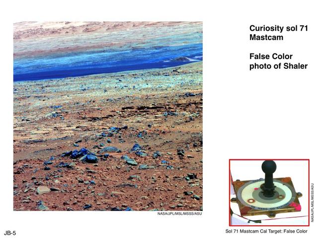 This image of terrain inside Mars Gale Crater and the calibration target for Mastcam on NASA Mars rover Curiosity illustrate how false color can be used to make differences more evident in the materials in the scene.