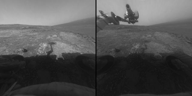 These two images, taken five Martian days sols apart by the front hazard-avoidance camera on NASA Mars Exploration Rover Opportunity, document the Martian sky above the rover Endeavour Crater location becoming dustier.