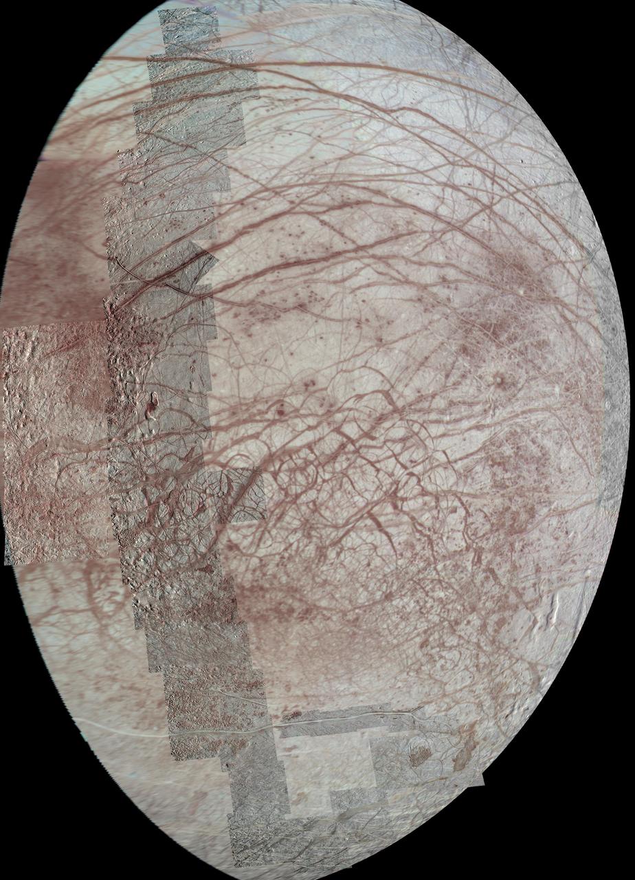 This view of Jupiter moon Europa features several regional-resolution mosaics overlaid on a lower resolution global view for context. The regional views were obtained during several different flybys of the moon by NASA Galileo mission.