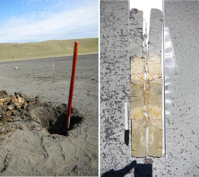 A sampling pit exposing clay-bearing lake sediments, deposited in a basaltic basin in southern Australia -- a modern terrestrial analog to the Yellowknife Bay area that NASA Curiosity rover is exploring.