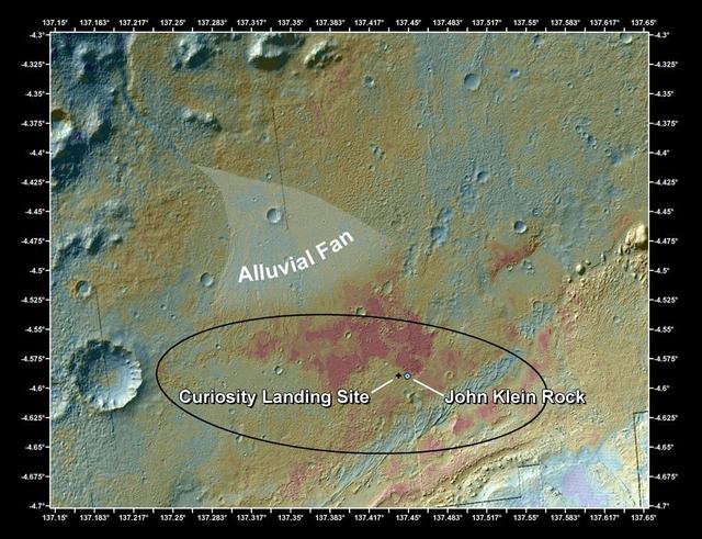 This false-color map shows the area within Gale Crater on Mars, where NASA Curiosity rover landed on Aug. 5, 2012 PDT Aug. 6, 2012 EDT and the location where Curiosity collected its first drilled sample at the John Klein rock.