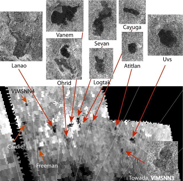 Three new small lakes, 100 to 300 square miles a few hundreds of square kilometers in surface area, have been identified on Saturn moon Titan in data from NASA Cassini spacecraft.