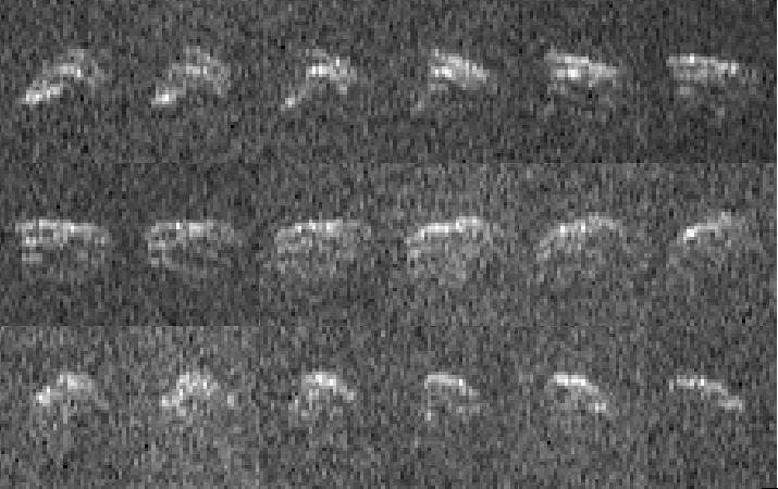This sequence of radar images of asteroid 2013 ET was obtained on Mar. 10, 2013, by NASA scientists using the 230-foot 70-meter DSN antenna at Goldstone, CA, when the asteroid was about 693,000 mi 1.1 million km from Earth.