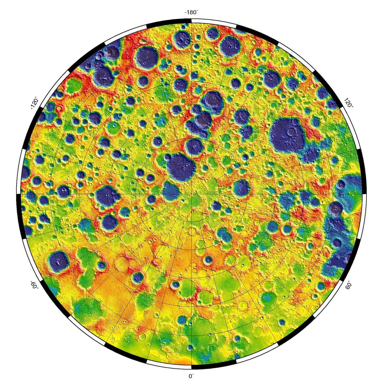 This is a polar stereographic map of gravity of the north polar region of the moon from the Gravity Recovery and Interior Laboratory GRAIL mission. The map displays the region from latitude 60 north to the pole.