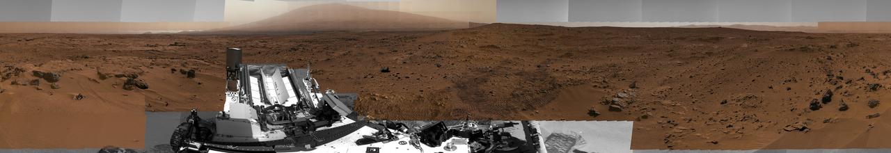 This image from NASA Curiosity Mars rover shows Curiosity at the Rocknest site where the rover scooped up samples of windblown dust and sand.