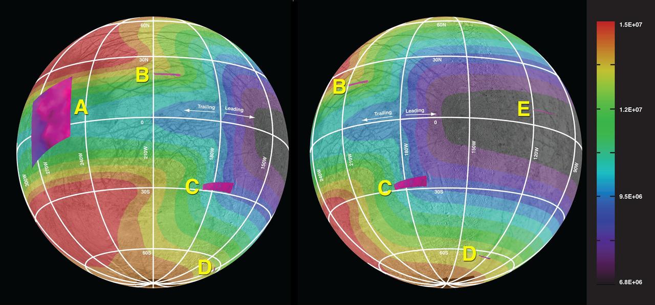 This graphic of Jupiter moon Europa maps a relationship between the amount of energy deposited onto the moon from charged-particle bombardment and chemical contents of ice deposits.