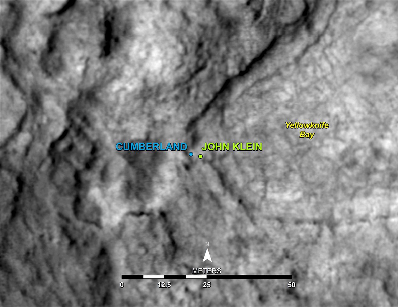 This map shows the location of Cumberland, the second rock-drilling target for NASA Mars rover Curiosity, in relation to the rover first drilling target, John Klein, within the southwestern lobe of a shallow depression called Yellowknife Bay.