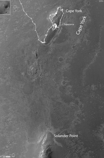 This map of a portion of the western rim of Endeavour Crater on Mars shows the area where NASA Mars Exploration Rover Opportunity worked for 20 months.