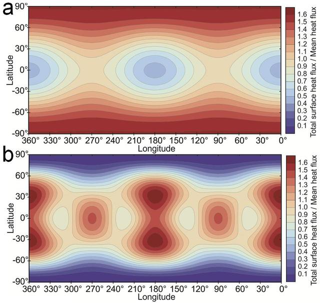 This map shows predicted heat flow at the surface of Jupiter moon Io from two tidal-heating models. Red indicates areas where more heat is expected; blue where less heat is expected.