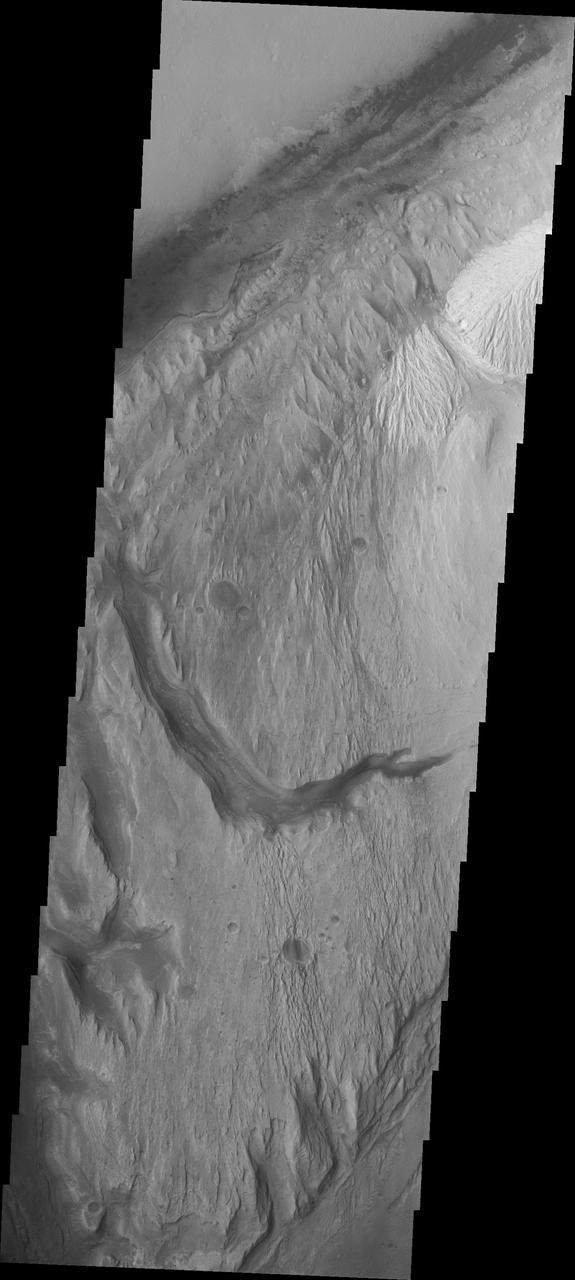 This image captured by NASA 2001 Mars Odyssey spacecraft continues to follow the channel seen in the past two images. The rover landing site is at the top margin of this image.