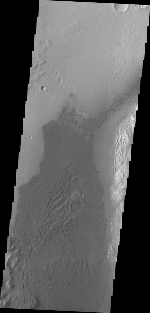 This image captured by NASA 2001 Mars Odyssey spacecraft of the western floor of Gale Crater shows the large region of sand and sand dunes present southwest of the landing site.