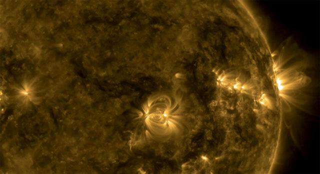 A series of active regions stretched along the right side of the sun exhibited a wide variety of loops cascading above them (Sept. 12-14, 2016). The active region near the center has tightly coiled loops, while the region rotating over the right edge has some elongated and some very stretched loops above it. The loops are actually charged particles spiraling along magnetic field lines, observed here in a wavelength of extreme ultraviolet light. Near the middle of the video the Earth quickly passes in front of a portion of the sun as viewed by SDO.  http://photojournal.jpl.nasa.gov/catalog/PIA16997