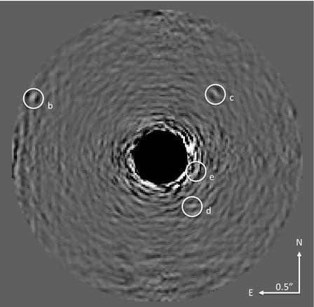 This image shows the HR 8799 planets with starlight optically suppressed and data processing conducted to remove residual starlight. Project 1640, NASA JPL used the Palomar Observatory near San Diego to obtain detailed spectra of the four planets.