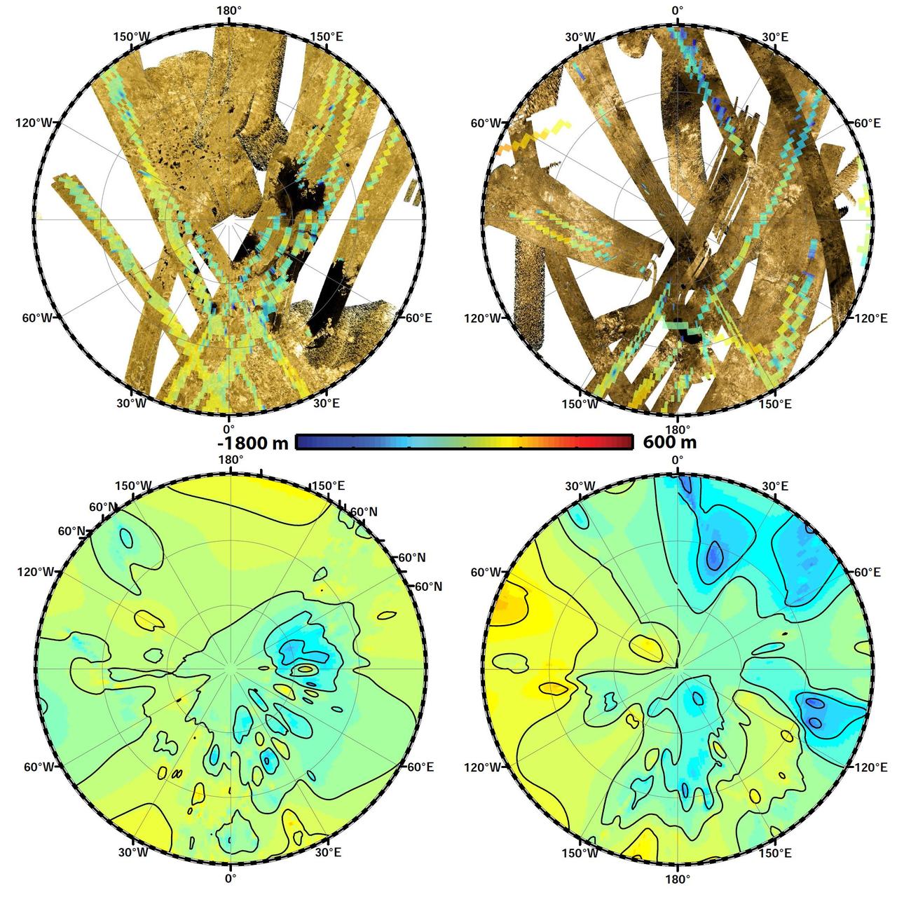 These polar maps show the first global, topographic mapping of Saturn moon Titan, using data from NASA Cassini mission. To create these maps, scientists employed a mathematical process called splining.