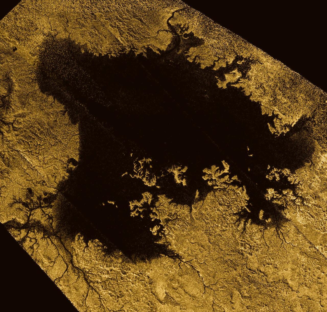 Ligeia Mare, shown here in a false color image from NASA Cassini mission, is the second largest known body of liquid on Saturn moon Titan. It is filled with liquid hydrocarbons, such as ethane and methane.
