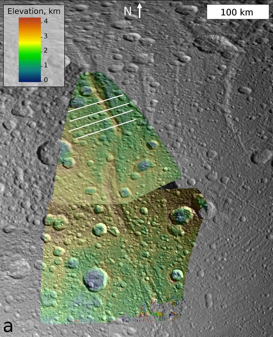 This image, which is composed of data obtained by NASA Cassini spacecraft, shows the topography of a mountain known as Janiculum Dorsa on the Saturnian moon Dione.