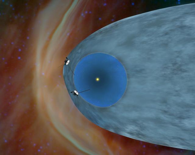 This artist concept shows NASA two Voyager spacecraft exploring a turbulent region of space known as the heliosheath, the outer shell of the bubble of charged particles around our sun.